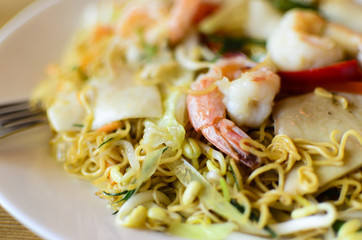 Dish from shrimps, noodles, seafood