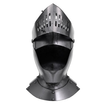 Medieval Knight Armet Helmet with open visor. Front view. Used for tournaments or battlefields. 3D render Illustration Isolated on white background.