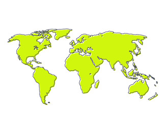 Vector trendy world map design. Flat earth with continents, outline and green color