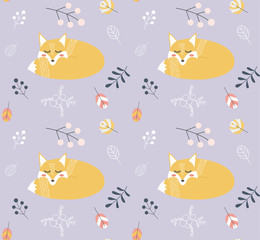 Seamless pattern with foxes and plants.