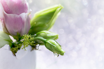 Eustoma flowers in an egg-shell on a light background