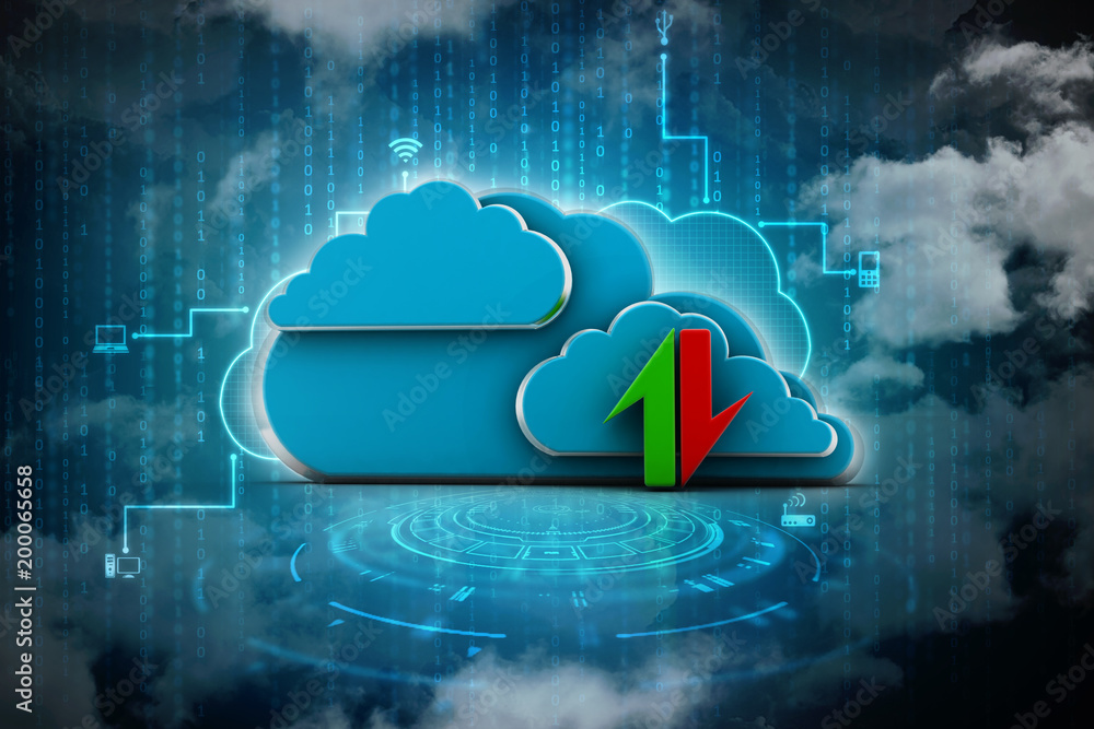 Poster 3d illustration uploading downloading arrow with cloud