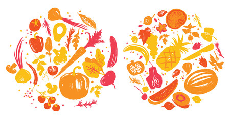Yellow-red colored various of vegetables and fruit in a circle. Label for restaurant menu or farm market. 