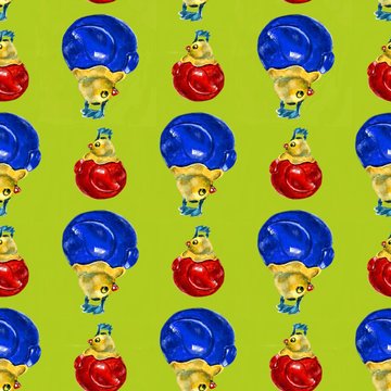 Seamless pattern with watercolor toy - roly-poly cock. Watercolor illustration toys on a white background.