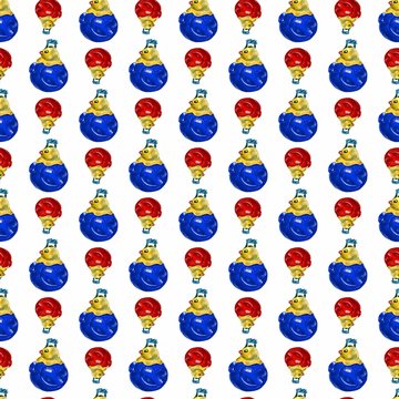 Seamless pattern with toy - roly-poly cock. Watercolor illustration toys on a white background.
