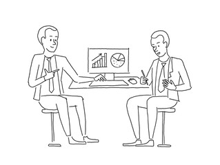 Sketch people at the table. Two businessman discussing business at work table looking at diagrams. Business situation. Hand drawn vector illustration.