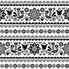 Skandynawski bezszwowy wektoru wzór z kwiatami i ptakami, Nordic ludowej sztuki powtórkowy czarny i biały ornament - 200067673