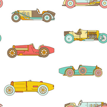 Vector race retro sport car seamless pattern. Vintage automobiles isolated on white background.
