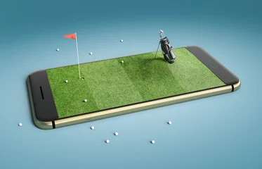 Deurstickers Mobile phone screen golf game concept. Minimal golf field background design © Marcin