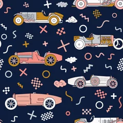 Wallpaper murals Cars Vector race retro sport car seamless pattern. Vintage automobiles isolated on white background. Memphis Style Pattern