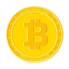 Coin of golden bitcoin. Farm for the production of crypto currency, mining. Virtual money. Flat vector cartoon illustration. Objects isolated on white background.