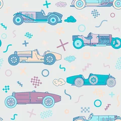 Wallpaper murals Cars Vector race retro sport car seamless pattern. Vintage automobiles isolated on white background. Memphis Style Pattern