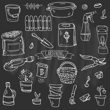 Hand drawn doodle set of Gardening icons. Vector illustration set. Cartoon Garden symbols. Sketchy elements collection: lawnmower, trimmer, spade, fork, rake, hoe, trug, wheelbarrow, hose reel.