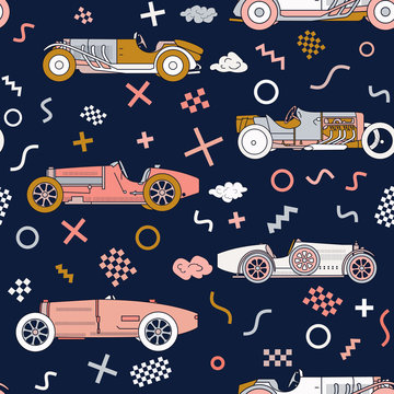 Vector race retro sport car seamless pattern. Vintage automobiles isolated on white background. Memphis Style Pattern