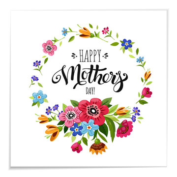Lettering Happy Mothers Day in flower frame