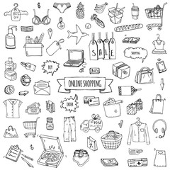 Hand drawn doodle set of Online shopping icons. Vector illustration set. Cartoon buying symbols. Sketchy elements collection: laptop, sale, food, grocery, clothing, cart, wallet, credit card, tag, bag