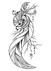 Black and white illustration of a boho element. Doodle illustration of cockleshell with feathers and beads  for sketch of tattoos, printing on T-shirts, covers and your creativity. Coloring for adults