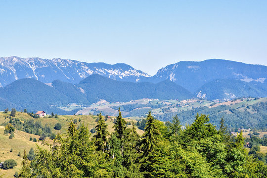 Daylight picturesque sunny view to landscape with green mountains