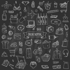 Hand drawn doodle set of Online shopping icons. Vector illustration set. Cartoon buying symbols. Sketchy elements collection: laptop, sale, food, grocery, clothing, cart, wallet, credit card, tag, bag