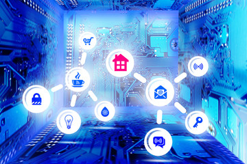 Smart home concept, with specific icons and abstract blue background from computer mother boards
