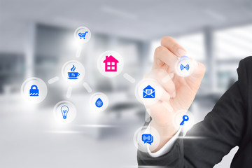 IOT Internet of things concept with many icons controlled by woman hand with indoor blur background
