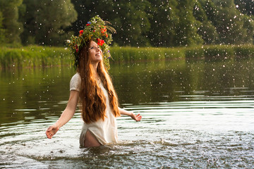 Slavic folk, ethnic young girl with long hair, holiday Ivana Kupala 