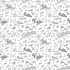 Fotobehang Koffie Koffie naadloos patroon, met de hand getekende achtergrond