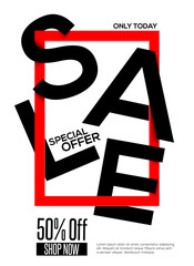 Sale concept. Typography creative with black letters and red frame. Vector background. Minimal design