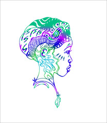 Colorful african girl in profile. Tattoo art illustration.