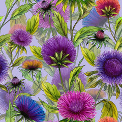 Panele Szklane Podświetlane  Piękne kwiaty aster w różnych jasnych kolorach z zielonymi liśćmi na jasnym tle bzu. Kwiatowy wzór. Malarstwo akwarelowe. Ręcznie rysowane ilustracja.