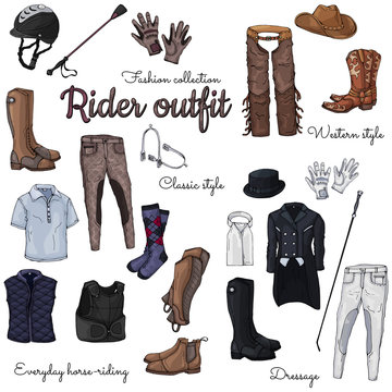 Set of isolated objects on the rider equipment theme. Vector colorful images of sports outfits and clothes for the horse rider.