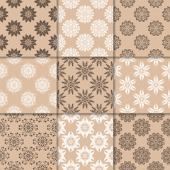 Brown beige floral ornaments. Collection of seamless patterns