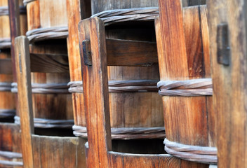 Traditional wooden Japanese buckets, closeup