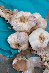 French garlic braid close up on blue wooden table