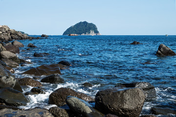 Fototapeta na wymiar Black volcanic stones along the coastline of Seogwipo, Jeju Island, South Korea