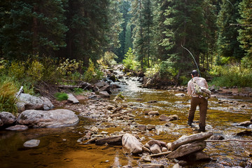 River fisherman fishing in mountain creek