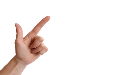 Female hand with raised thumb and index finger on a white background
