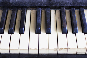 Piano keyboard, black and white keys, musical instruments, close-up and macro.