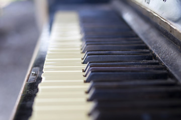 Piano keyboard, black and white keys, musical instruments, close-up and macro.