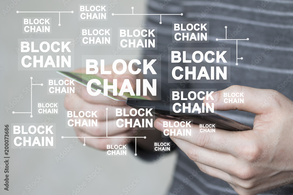 Aufkleber businessman presses button blockchain on phone credit card virtual digital electronic user interface