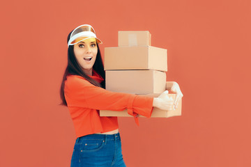 Delivery Person Holding Many Cardboard Box Packages 