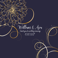 Beautiful wedding invitation. Abstract floral background with golden hand-drawing flower dahlias. 