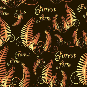 Forest fern. Golden leaves on black background. Seamless pattern.                                                                                 