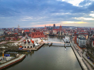 Aerial view of Gdansk old town at sunset, Poland