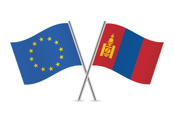 European Union and Mongolia flags. Vector illustration.