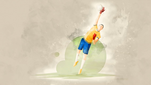Creative abstract soccer player. Soccer goalkeeper catches the ball. Watercolor background. Retro style