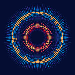 Red and yellow circles pulsate against a blue background. Vector geometric ornament
