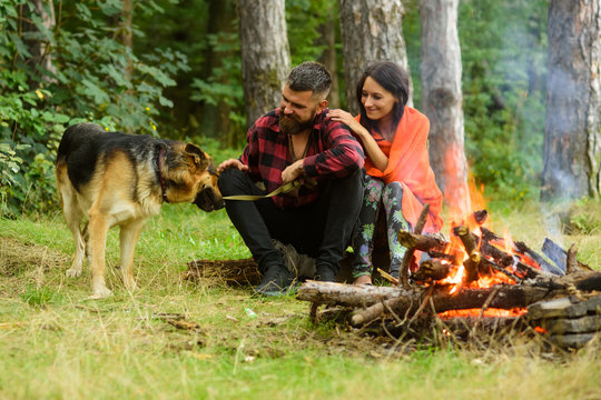 Family leisure concept. Couple play with german shepherd dog
