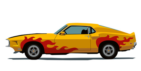 Pop art, yellow retro car of the seventies. Side view. Vector illustration