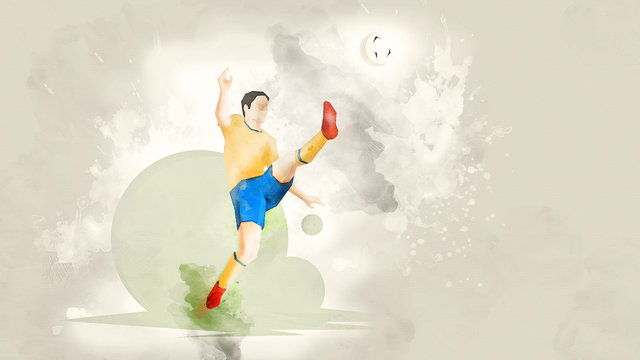 Creative abstract soccer player. Soccer Player Kicking Ball. Watercolor background. Retro style